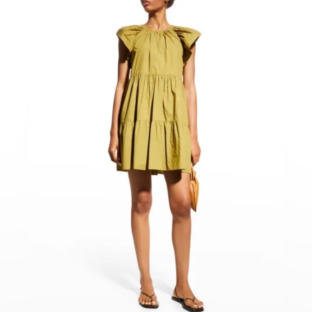 Marie Oliver Kara Tiered Flutter-Sleeve Moss Green Dress Size S